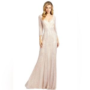 Mac‎ Duggal Three Quarter Sleeve Embellished Formal Gown- NWT Nude/Platinum